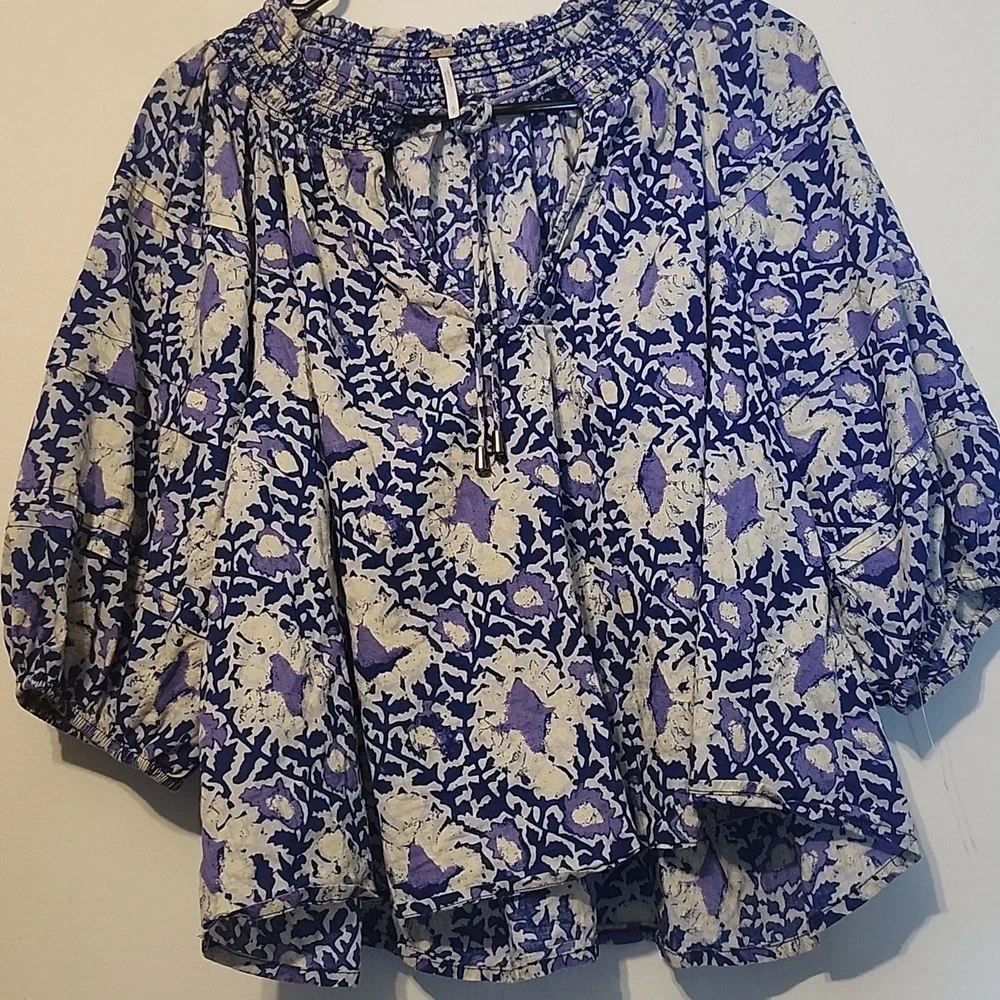 Free People Blue and Cream Floral Blouse